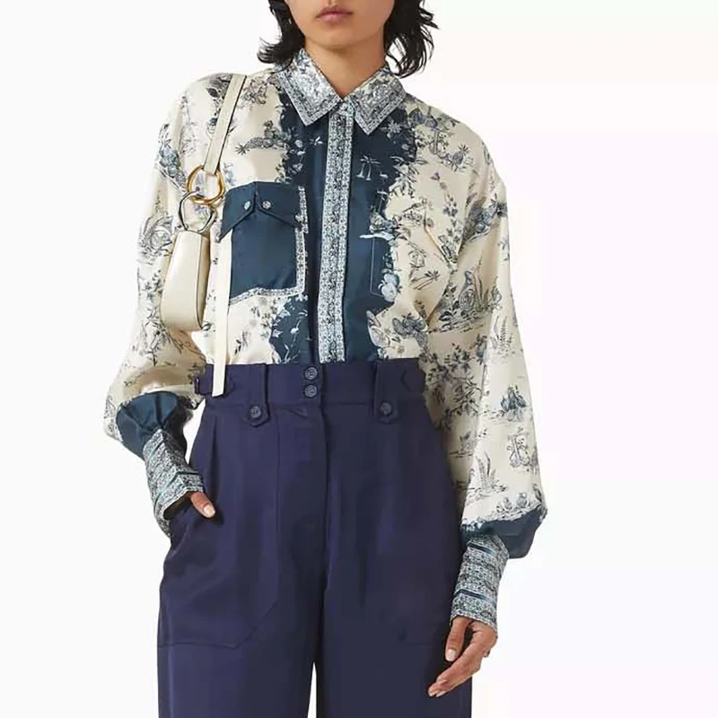 

Retro Lady Lapel Long Sleeve Commuting Top Elegant Pocket Splicing Holiday Tees Autumn New Pattern Printed Single Breasted Shirt