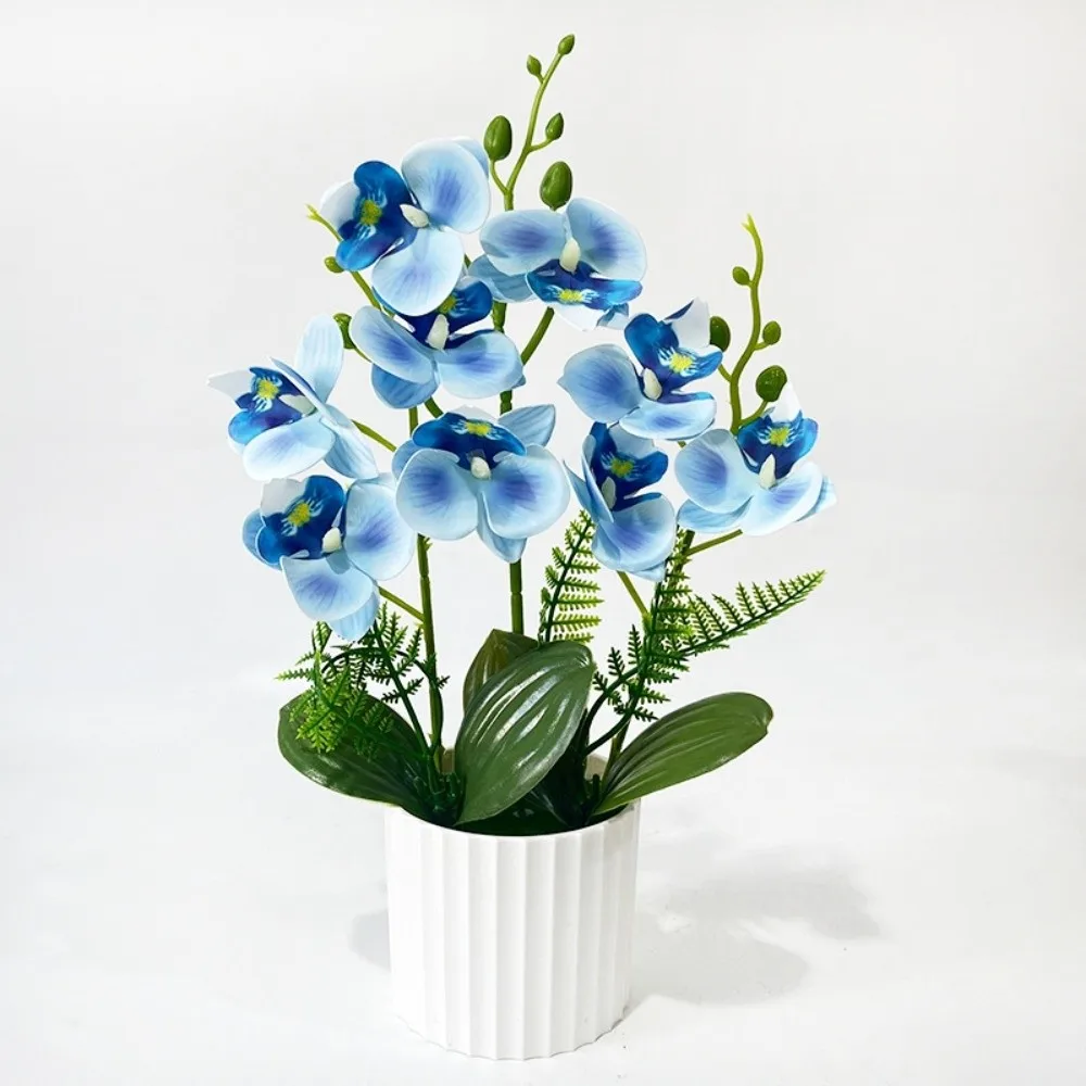9 Heads Artificial Orchid Potted Flower Pink With White Pot Simulated Butterfly Orchid Flower Potted Multi-Bloom Phalaenopsis