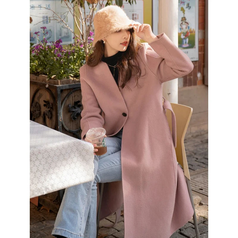 Elegant Double-Faced Woolen Goods Cashmere Coat Women's Winter Lace-up Slim Fit Woolen Coat