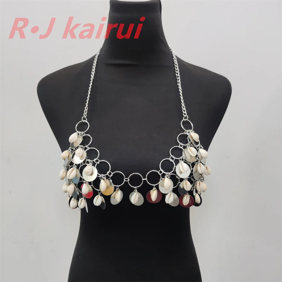 RJ Fashion Handmade Women Neck Chain Real Shell Iron Sheet Bra Jewelry Halter Masquerade Stage Party Body Accessories