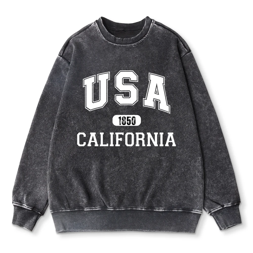 Vintage Womans Acid Wash Hoodies Usa 1850 California Printed Sweatshirts Cotton Oversize Warm Pullovers Couple Washed Streetwear