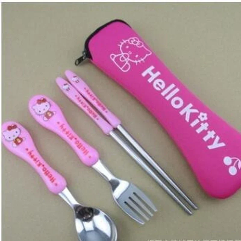 Hello Kitty Baby Tableware Cute Portable Knife Fork Spoon Chopsticks Set Dessert Spoon for Children Fork Baby Feed Cutlery Gift