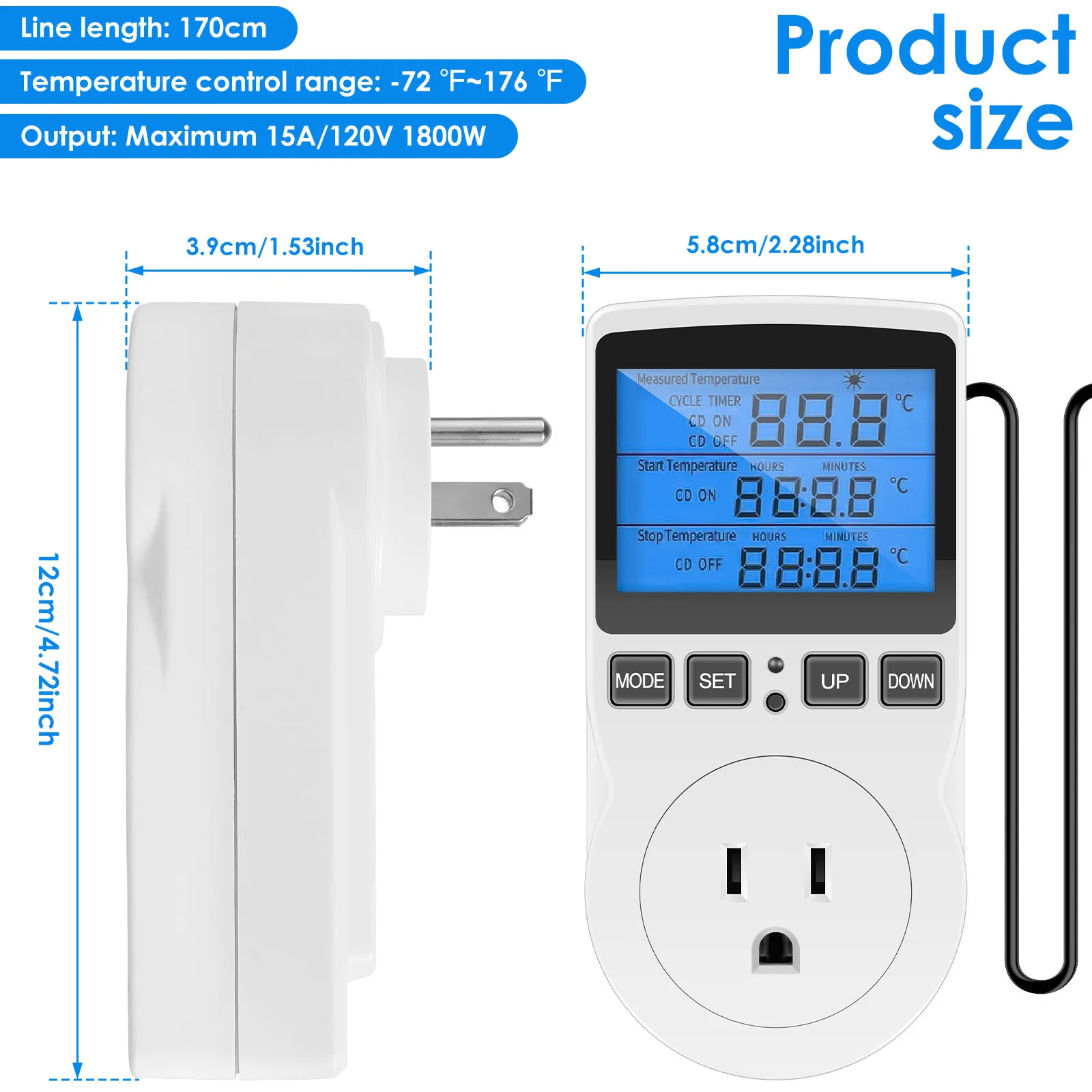 Thermostat Temperature Controller Socket 1800W 15A/120V Safe Thermostat Timer Outlet LCD Display Heating Cooling Control Timer P