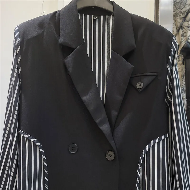 HKSH Herfst Nieuwe Vrouwen Blazer Gestreept Patchwork Contrast Kleur Lange Mouw Turn-down Kraag High Street Elegante Chic Jassen HK9639