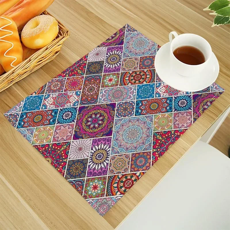 Ethnic Pattern Print Boho Linen Dining Table Mats Alphabet Kitchen Placemat 32X45cm Coasters Pads Bowl Cup Mat