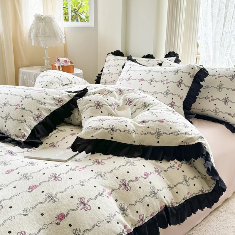 1PC Summer Duvet Cover Korean Style Bedding Set (NO Pillowcase, No Sheet) Lace Bed Linens 150*200cm Washed Cotton Quilts Bag