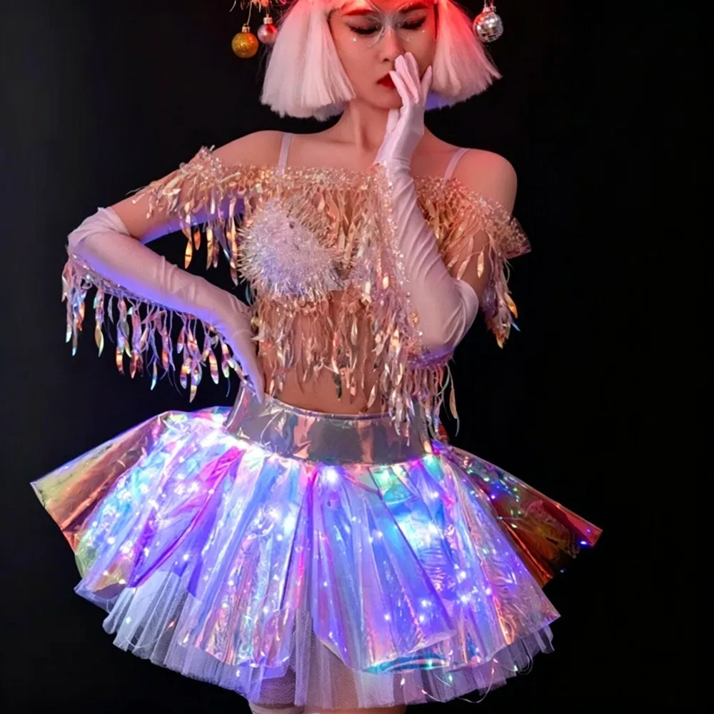 Bar Nightclub Party Show Singer Dancer Team Performance Costume Christmas Festival Clothing Sequin Tassel Top Laser Skirt Outfit