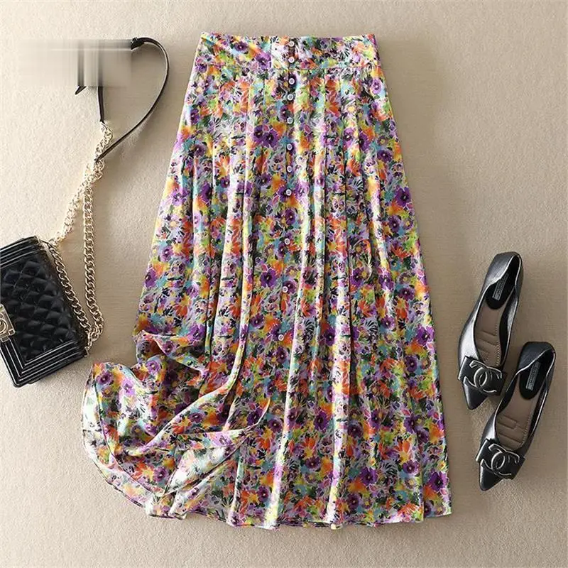 تنورة حلوة مطلية بالزهور مع طيات عالية الخصر حريرية كاملة سوينغ المرأة توصية الحب الذاتي تخفيف Sle الصيف... #1