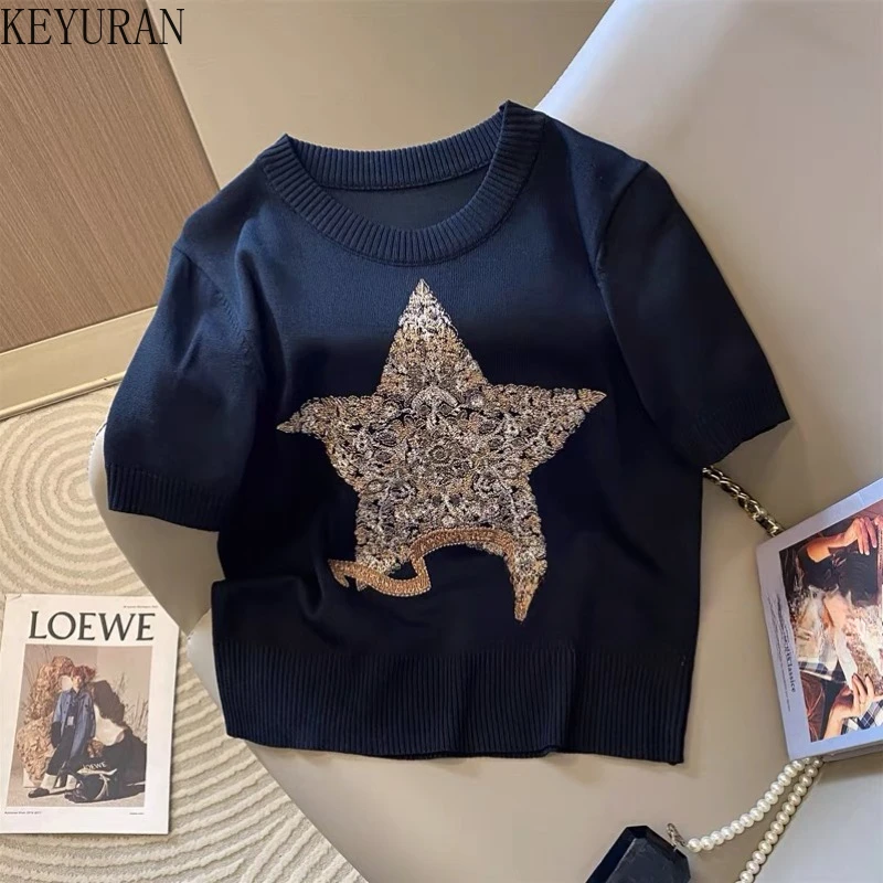 Fünfzackiger Stern bestickter Kurzarmpullover für Damen, gestricktes T-Shirt, Frühling, Sommer, 2025, modische weiße Strickwaren, Tops, T-Shirts