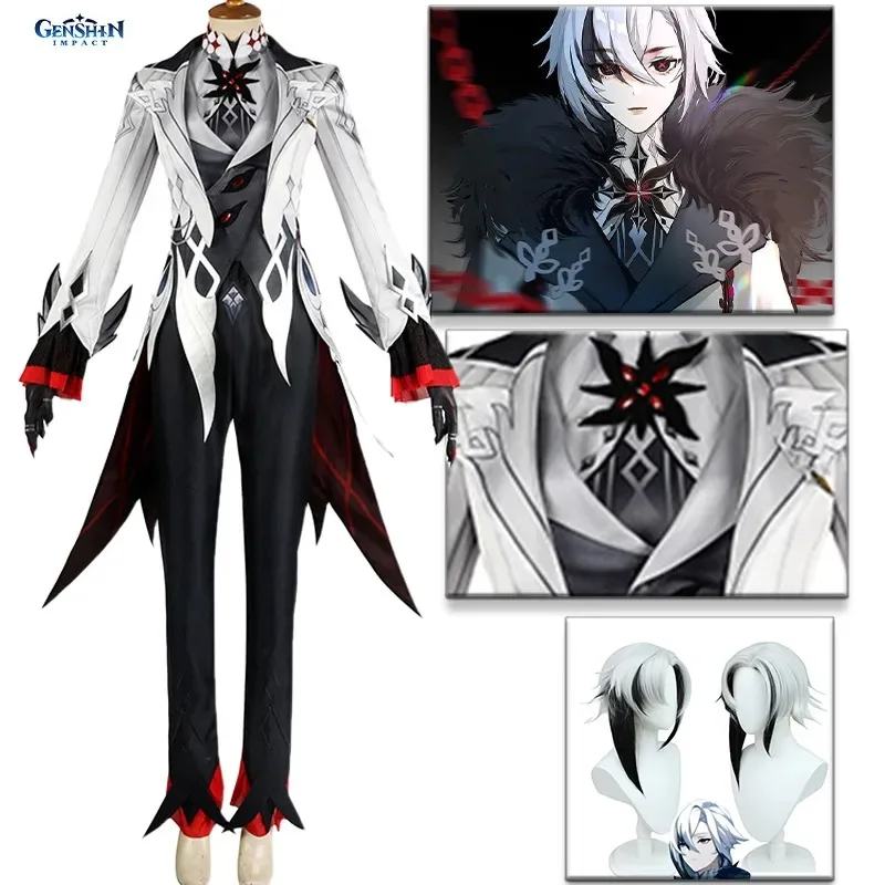 Game Genshin Impact Anime Arlecchino The Knave Cosplay Costume Full Set Wig Uniform Eleven Fatui Harbingers Halloween Cos Party