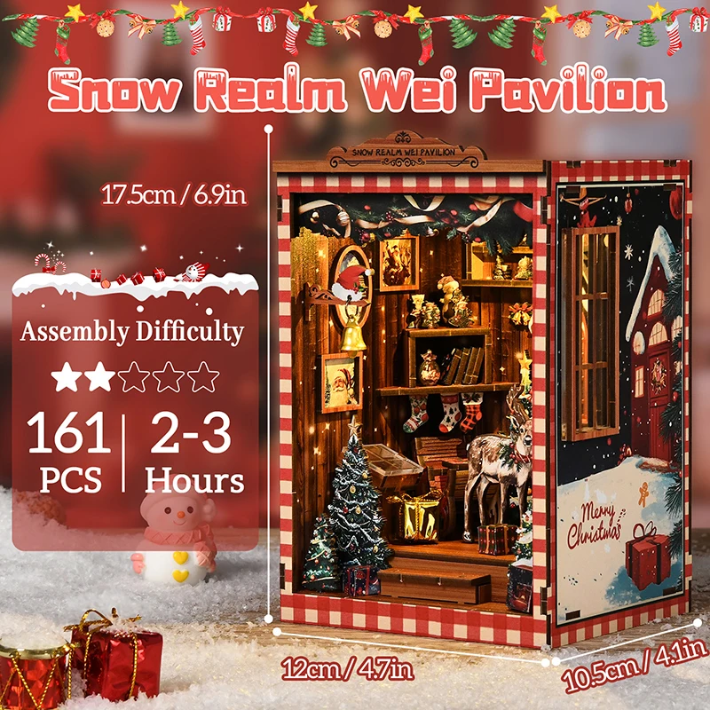 DIY Holz Weihnachten Buch Nook Regal Einsatz Kit Schneereich Wei Pavillon Buchstütze Miniatur Modell Kits Bücherregal für Freunde Geschenke