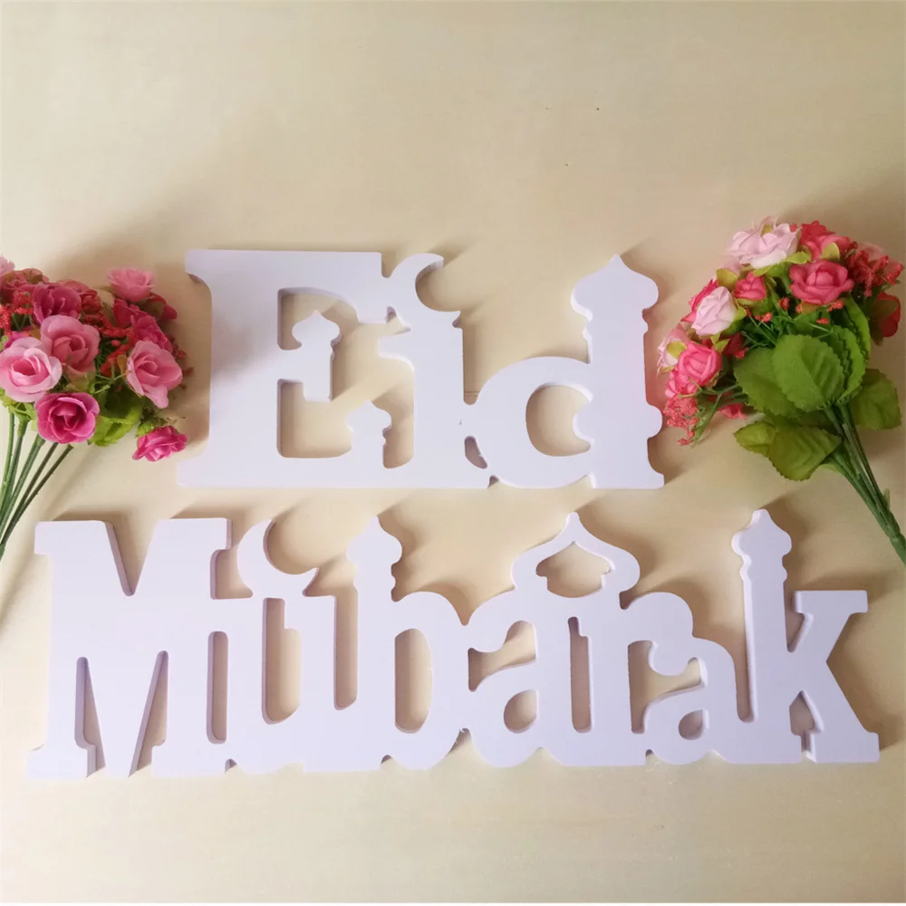 2025 Eid Mubarak Ornament White Wooden Ramadan Home Decor Sculpture For Cabinet Desk Fireplace Star Moon Castle Element Ornament