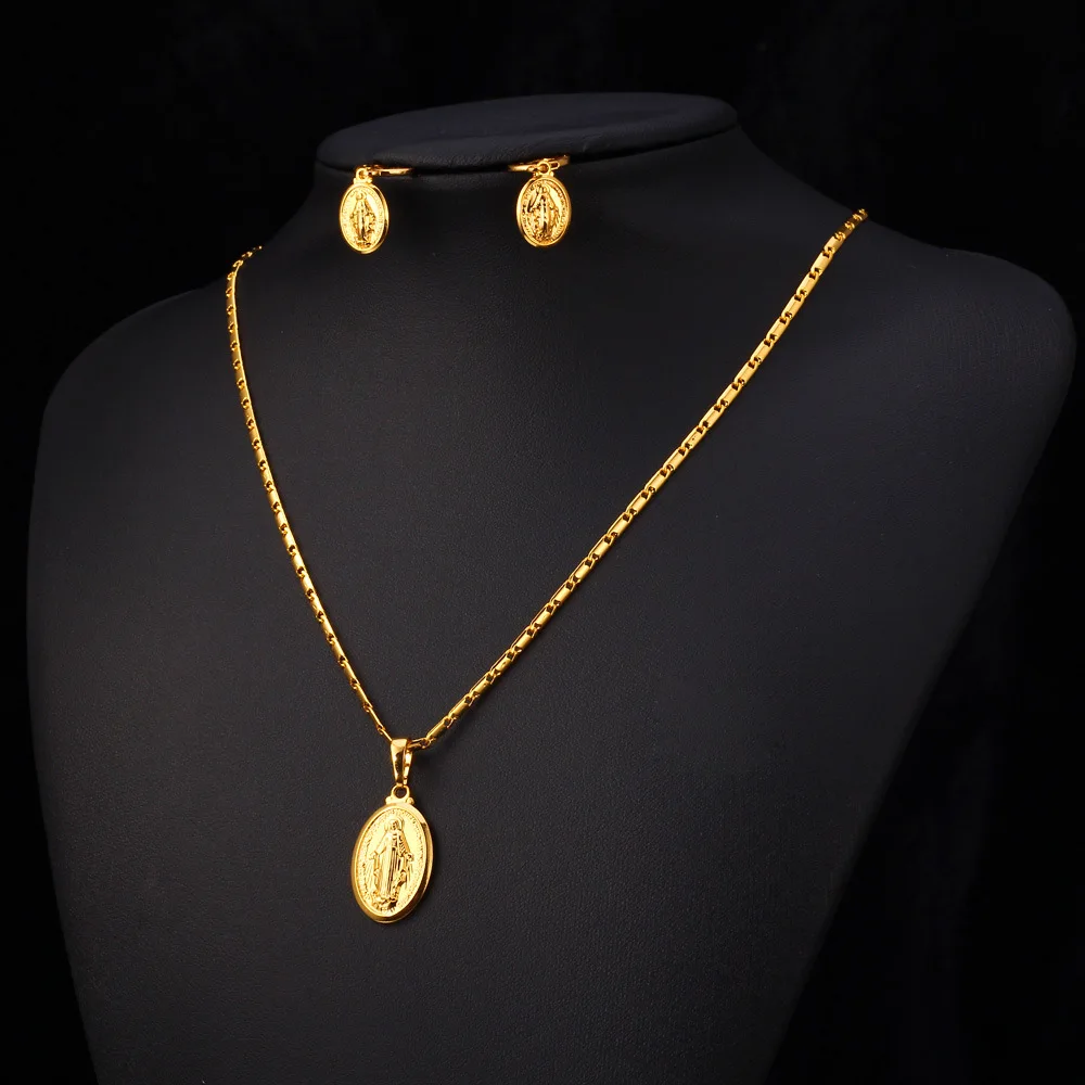 U7 Oval Coin Virgin Mary Pendant Necklace Dangle Earring Set for Women Embossed Miraculous Medal 2pcs/set Jewelry Set Gift