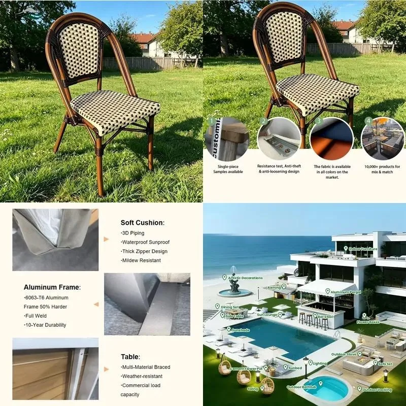 French Woven Rattan Outdoor Dining Table and Chair Set Weatherproof UV Protection for Balcony Courtyard Backyard