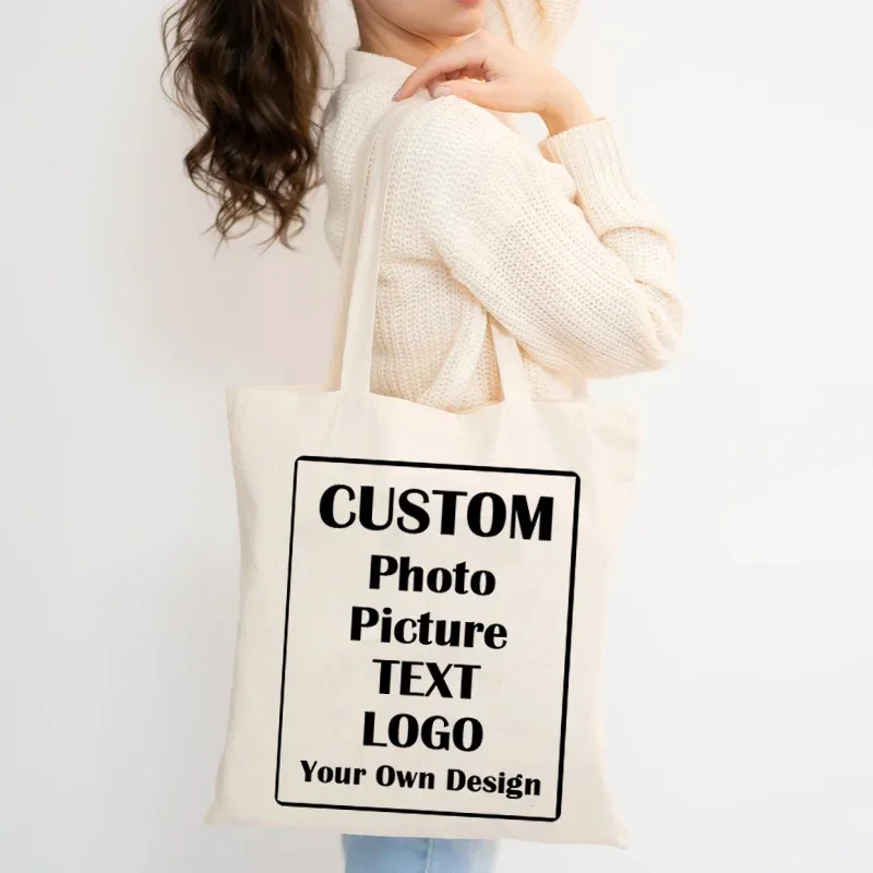 Custom Photo Picture Text Logo Tote Bag DIY Design Reusable Canvas Shopping Bag Handbag Side Bags for Ladies Low Price Wholesale