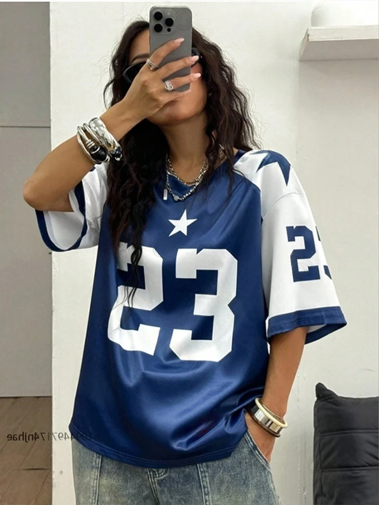 

New Summer Blue New York 23 Print Women T-Shirt V-Neck Patchwork Short Sleeve Sports Football Jersey Y2K Loose Oversized Tops