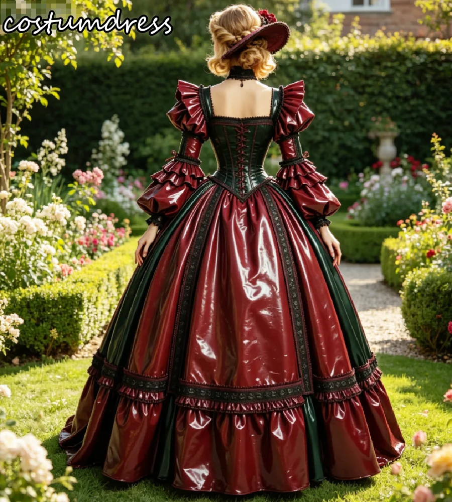 Latex Victorian Dark Red Evening Dress Long Sleeve Ball Gown Gothic Rococo Renaissance Cosplay Prom Gowns Halloween Formal Party view 3