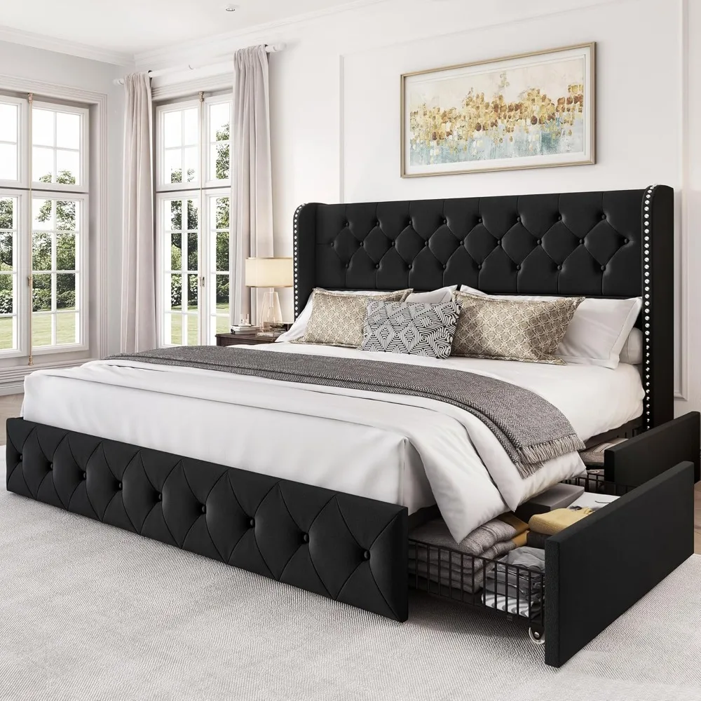 

4 Storage Drawers and Tufted Headboard Velvet Upholstered Platform Easy, Black, Bed Bases & Frames
