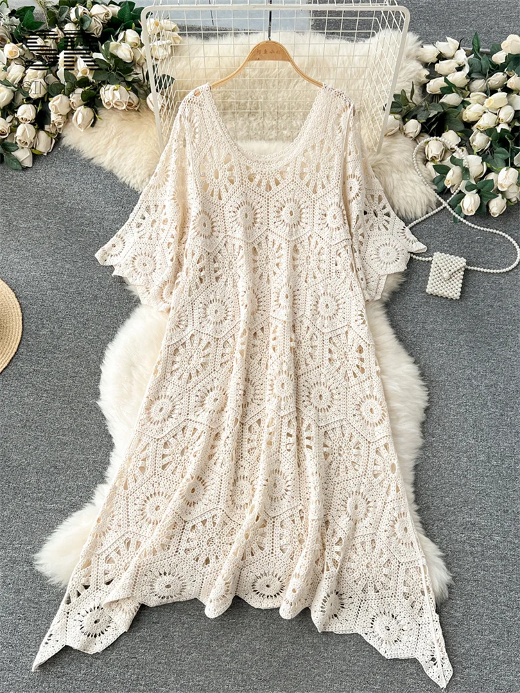 korean beach dress SINGREINY Knit Casual Women V Neck Short Sleeve Loose High Quality Hollow Out Ladies Summer Vacation Dresses Ruched Bust Tie A Length:43