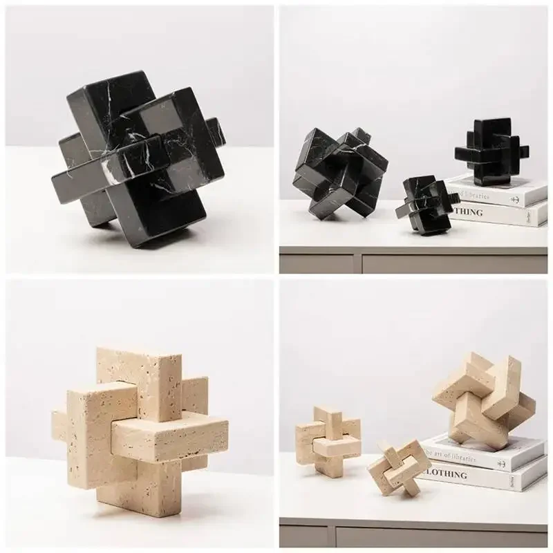 Creative Geometric Stone Sculpture Yellow Cave Stone Cross Ornaments Spliced Looped Square Ball Home Decoration Accessories