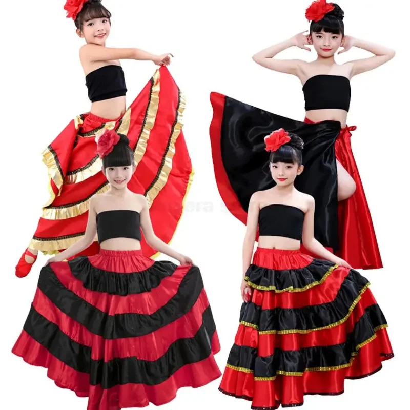 Girl's Flamenco Spanish Traditional Dance Dress Gypsy Style Large Swing Skirt Stage Performance Costume Kid Belly Dance Costume