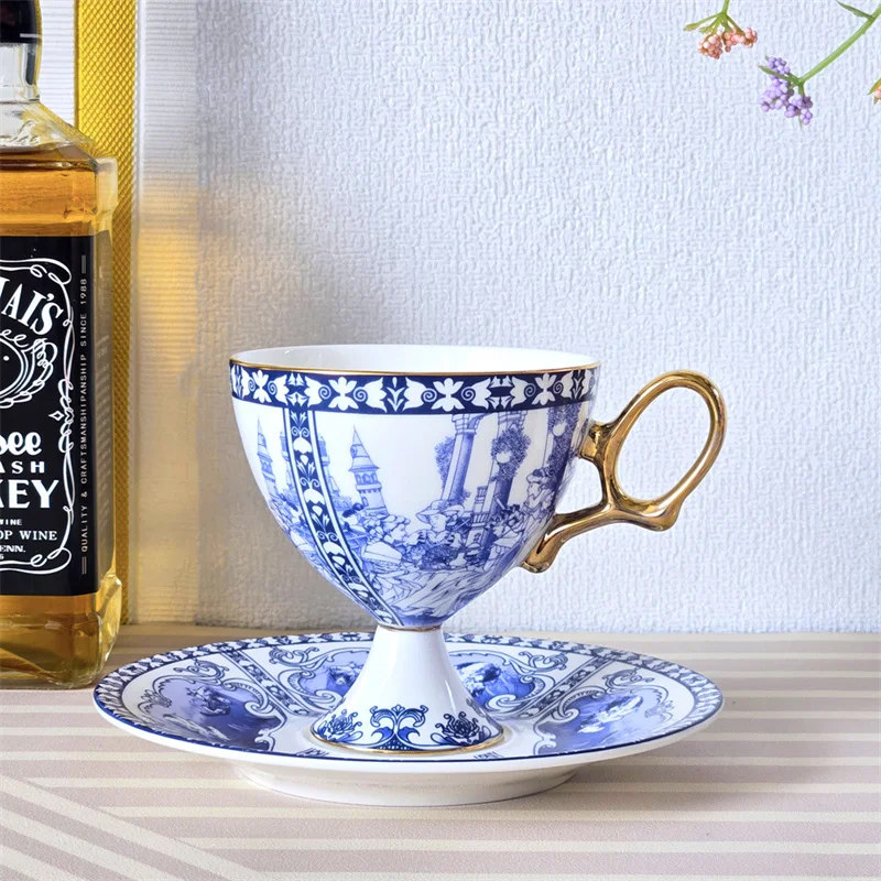 

Royal Retro Blue Floral Bone china Coffee Cup and Saucer Set Dessert Plates French Style Afternoon Tea High-end Elegant Tea Set
