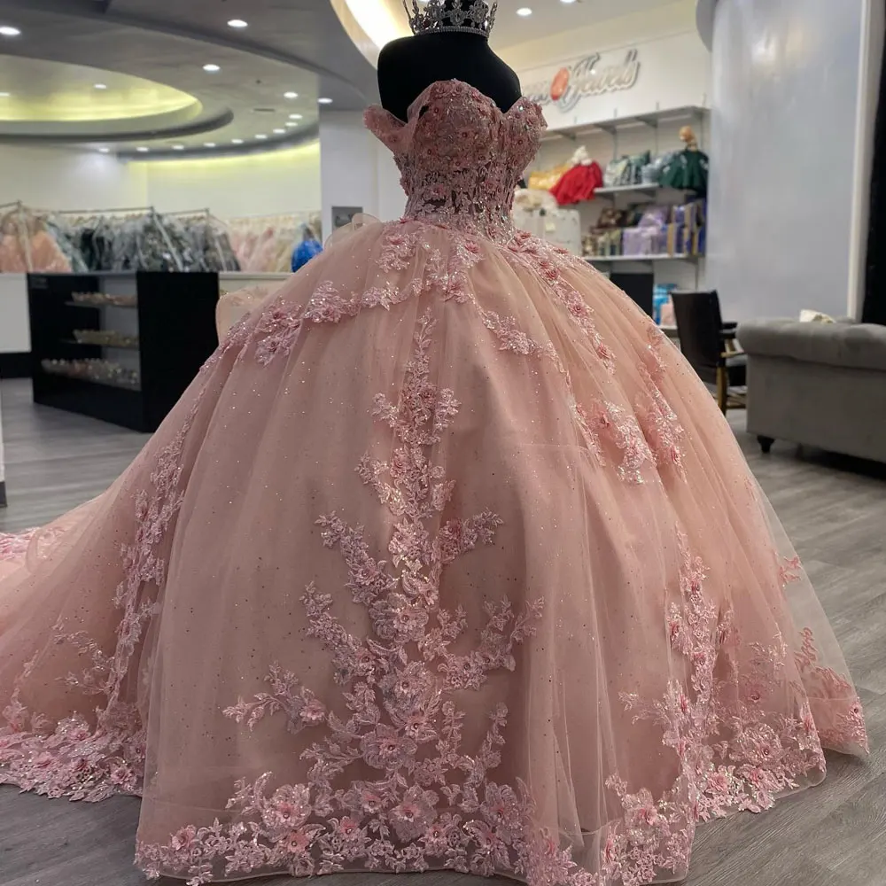 Lovely Pink Off  Shoulder Ball Gown Quinceanera Dresses 3D Flower Applique Sweet 16 15 Birthday Dress Vestido De 15 Anos Pageant