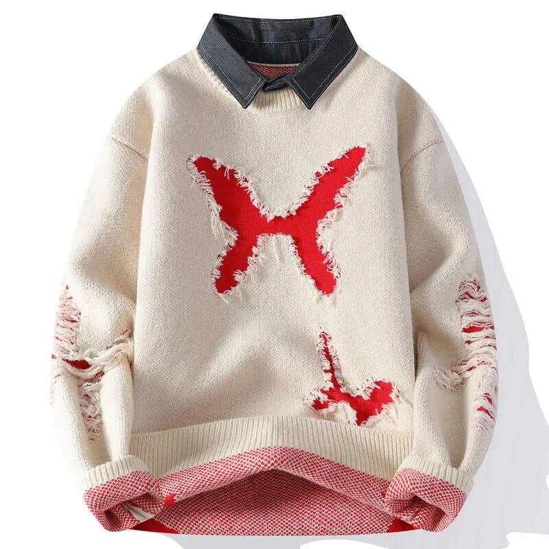 Новые осенние и зимние повседневные свитера для мужчин, модные полосатые вязаные пуловеры с нашивками для мужчин, свободные воротники, молодежные вита