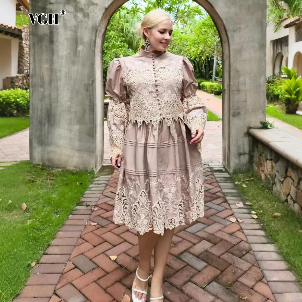 

VGH Elegant Spliced Lace Two Piece Set for Women Stand Collar Flare Sleeve Top High Waist Knee Length Skirt Solid Suit Female