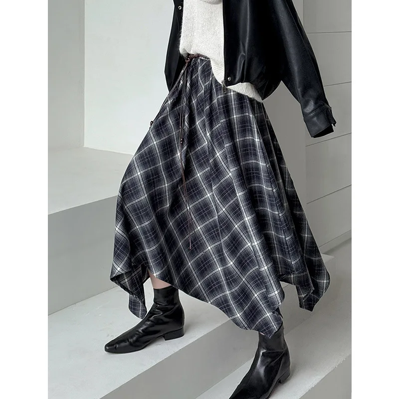 

Autumn Vintage Plaid Irregular Skirt Women Elastic High Waist Elegant A-line Pleated Midi Skirts