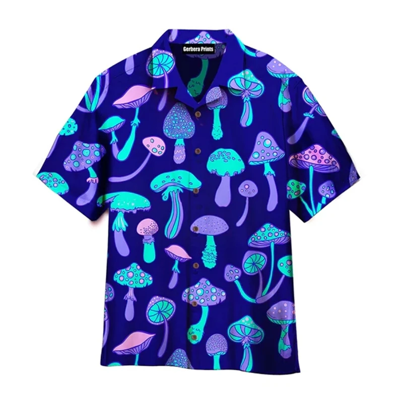 Colorful Mushroom 3d Print Hawaiian ShirtsFor Men Summer Vacation Plants Beach Shirts Button Short Sleeve Street Aloha Shirt Top