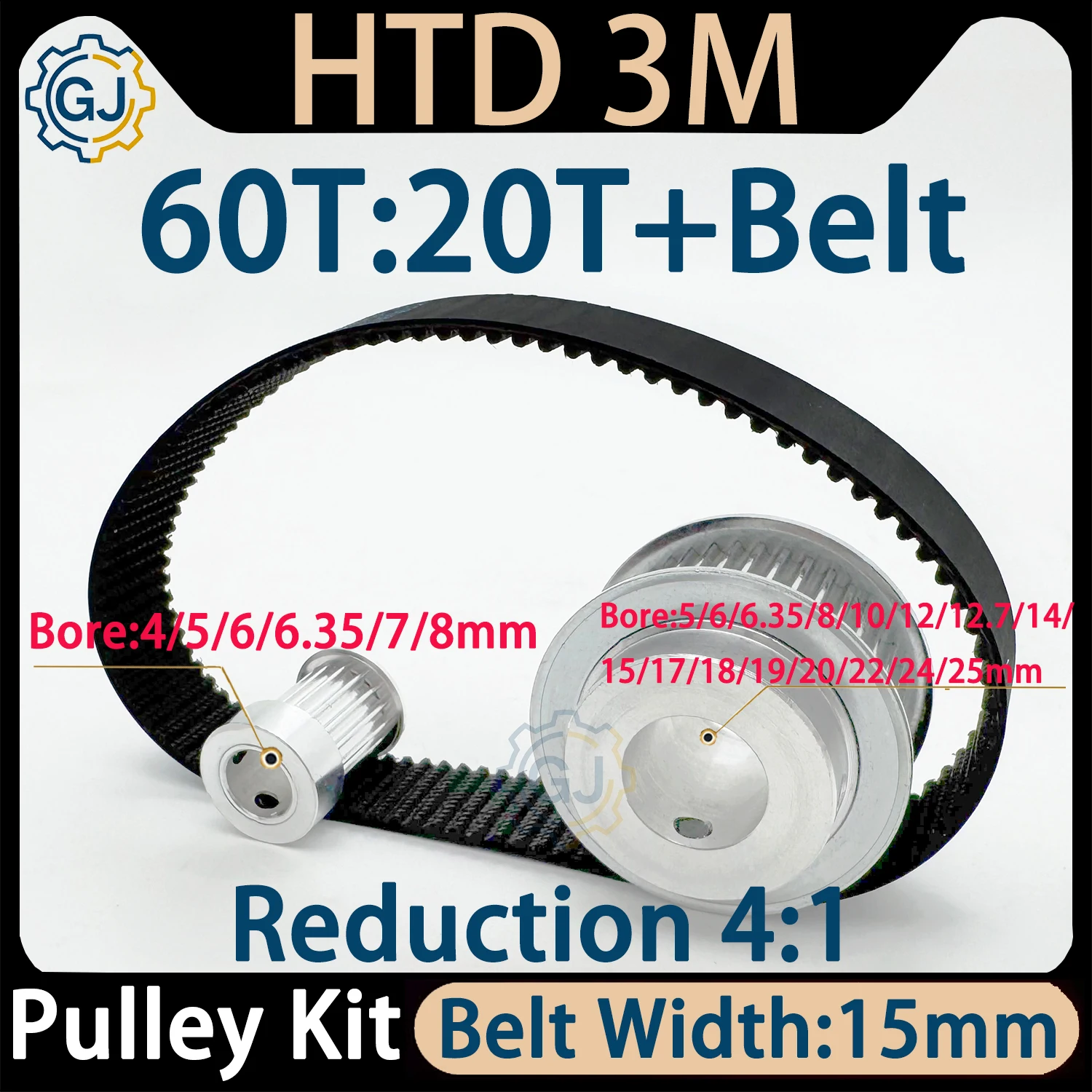 HTD 3M 60Teeth 15Teeth 60T:15T Timing Pulley Belt Set Belt Width 15mm Reduction 4:1 HTD3M Pulley Kit Synchronous Wheel for CNC