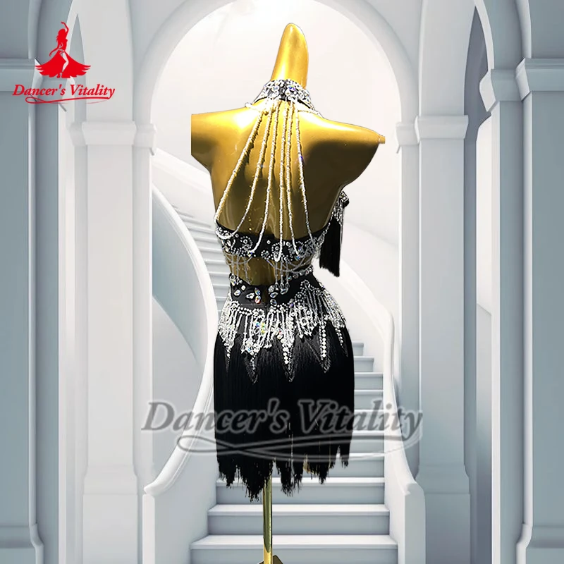 성인용 AB 스톤 민소매 하이넥 탑+프린지 스커트 세트 맞춤형 댄서의 활력 여성 차차 살사 공연 의상