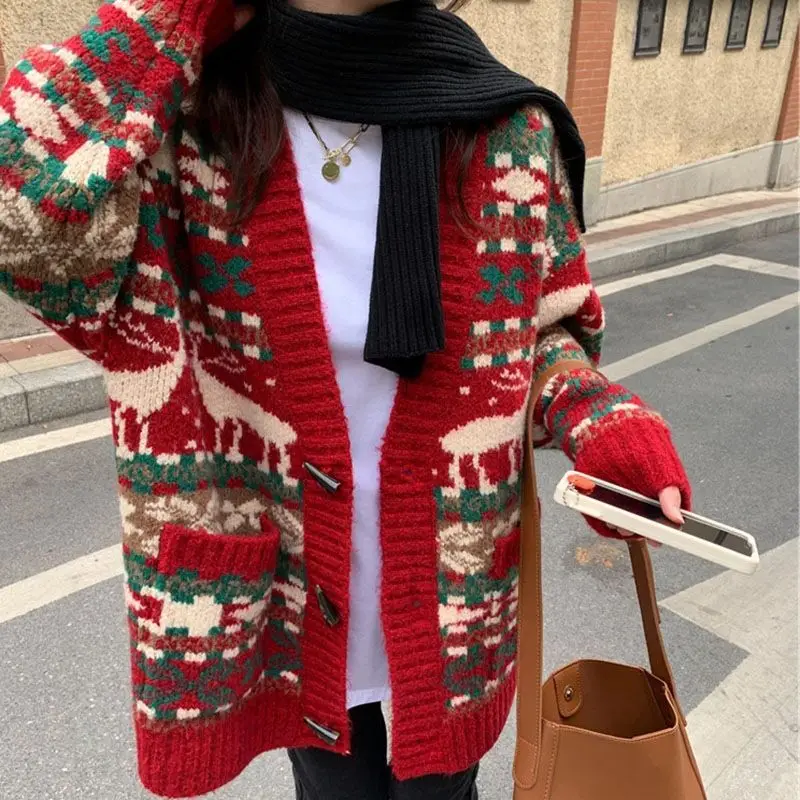 

2023 Loose New Printing Long Sleeve Cardigan Fashion Buttons Femme Christmas Tops Kawaii Sweaters Autumn Winter Women's Clothing