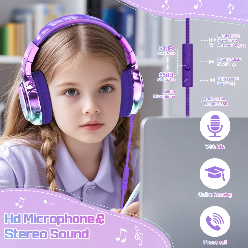 Kids Headphones Wired 3.5mm Jack Stylish Foldable Children's Gaming Headset With Mic For iPhone Computer Tablet PC Girls Gifts