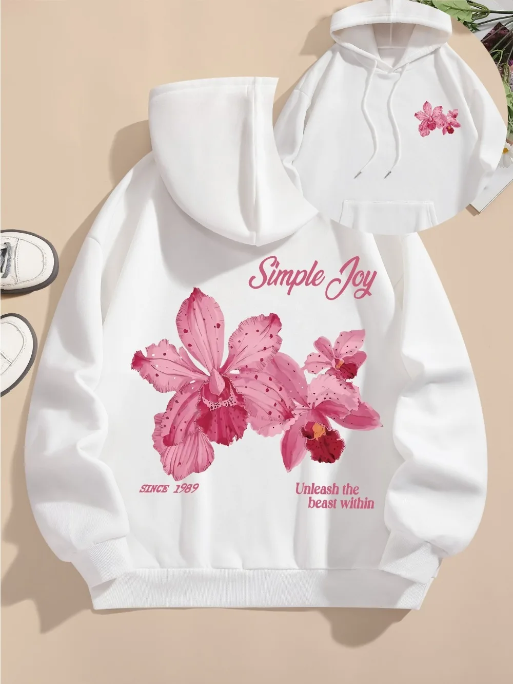 Tropisches Hibiskusblütenmuster, beidseitig bedrucktes, langärmeliges, lockeres Kapuzen-Sweatshirt, geeignet für Männer und Frauen. – Detail 2