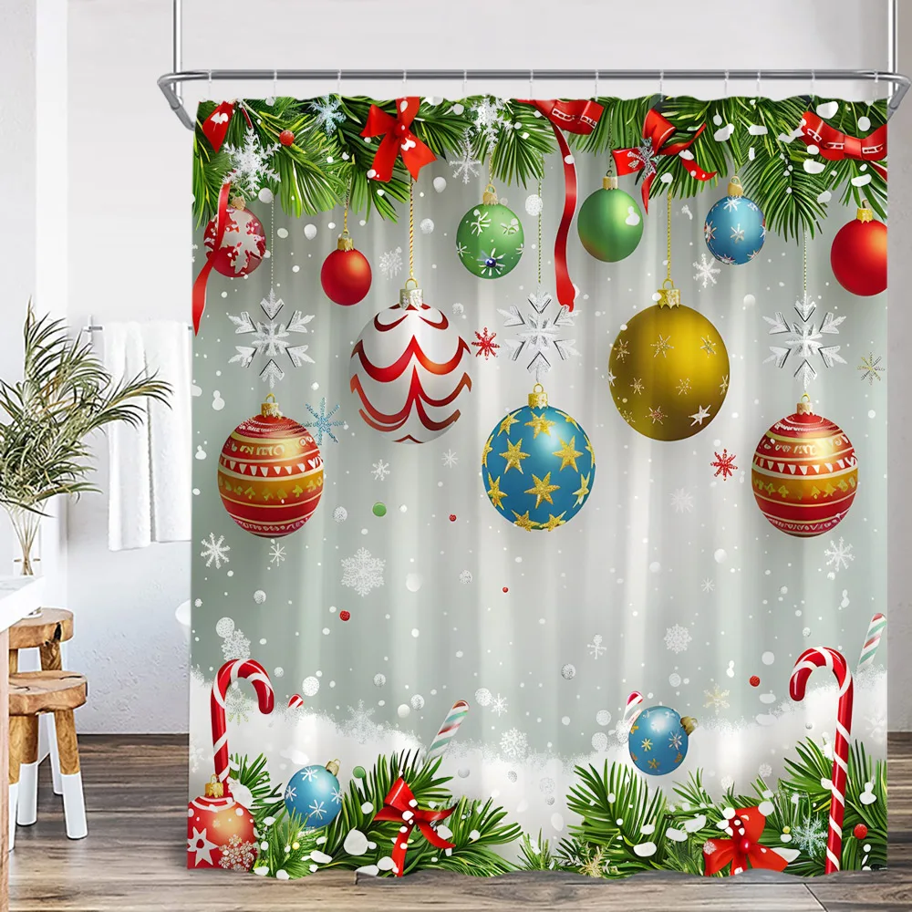 Chritsmas Shower Curtain Red Silvery Ball Xmas Balls Snowflake Pine Leaves Merry Christmas Winter Polyestert Bath Curtain Decor