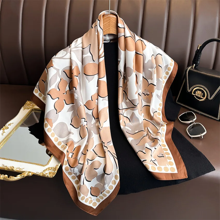 90*90cm Print Silk Scarf Women Luxury Hairband Neckerchief Shawls Bandanna Headband Foulard Ribbon Wraps Female Square Scarves