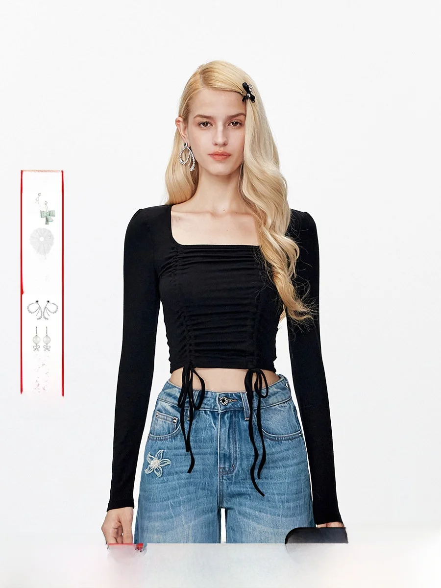 

ROCHAROMMA Autumn Winter Ele Knitted Long Sve Women's Top Square Collar Dstring Slim Fit oulder Pad Base irt