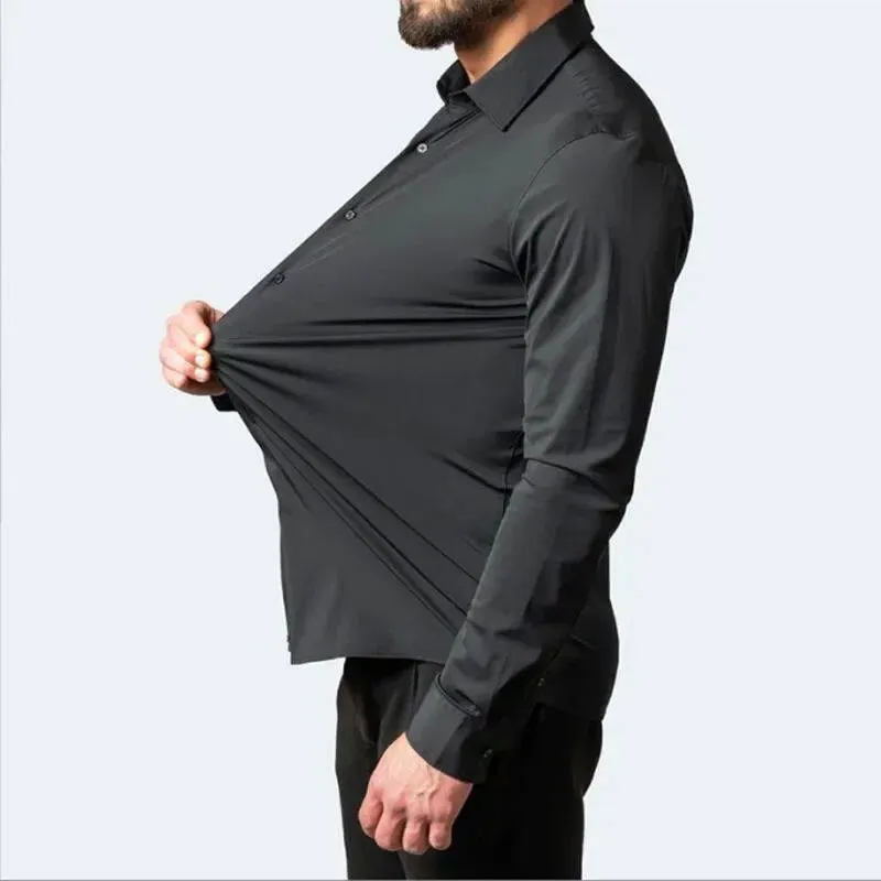 

6XL New Summer Black Men's Shirt Elastic Force Non-Iron Long CleanFit Waist-Cinching PU Leather Neck Female Wear