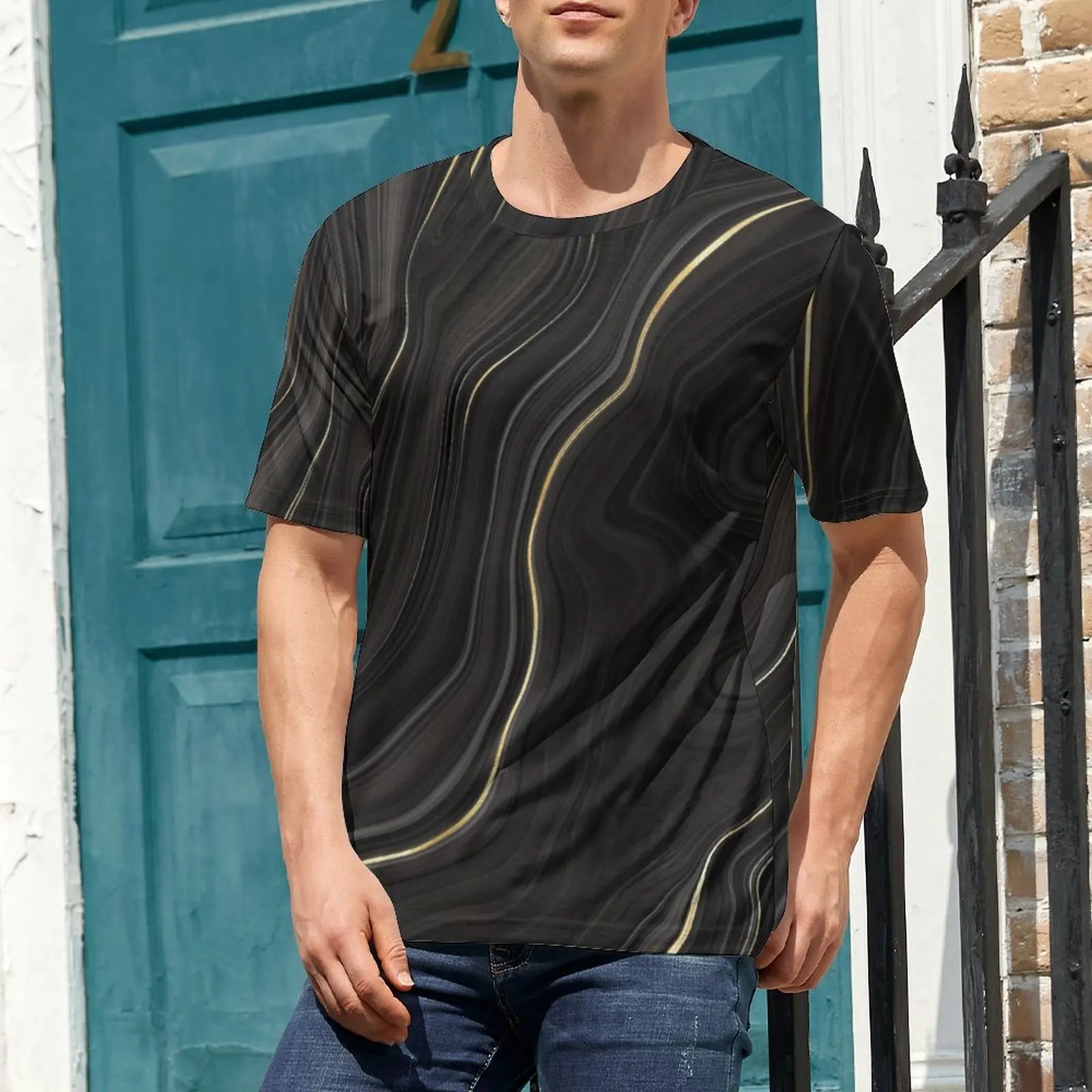 Marble Liquid T Shirt Gold And Grey Cool T-Shirts Men Y2K Casual Tshirt Summer Short Sleeve Custom Tops Large Size