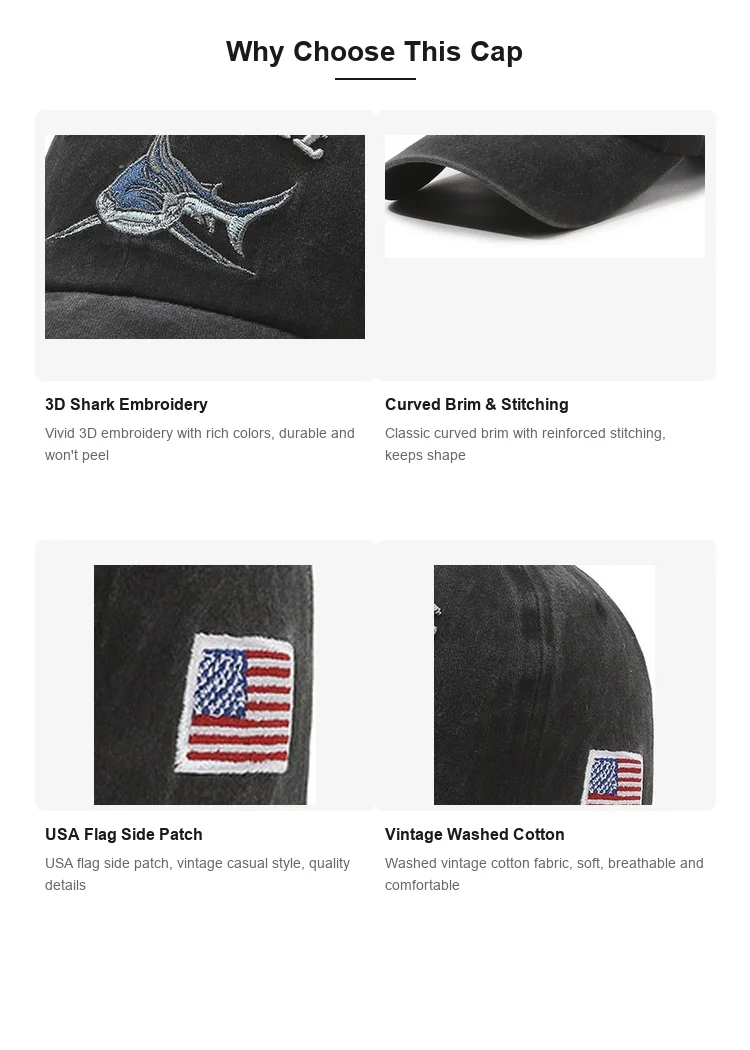 2026 Neue Hochwertige Gewaschene Baumwoll-Baseballkappe mit Amerika-Flagge und Hai-Motiv für Männer und Frauen Snapback Hüte Hip-Hop Dad Hat Gorras – Detail 3