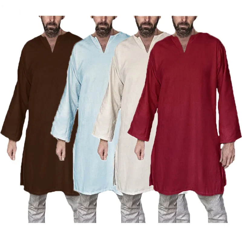 Camisas medievales de S-XXXXXL para Hombre, camisa de manga larga de algodón, disfraz de guerrero pirata, Túnica, trajes de escenario, 5XL