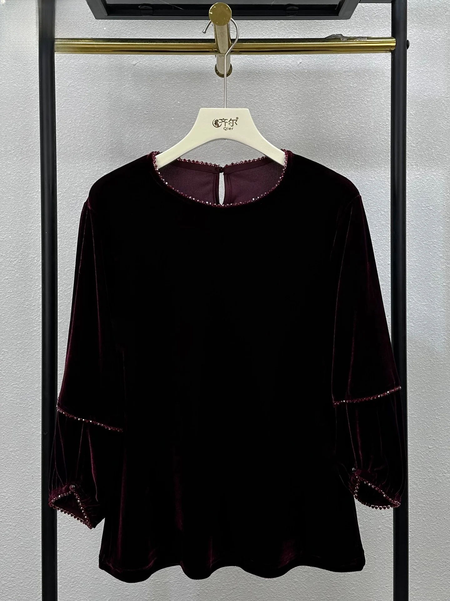 

Шелковая бархатная блузка Ele Silk Velvet Mom с рукавами-фонариками, расшитыми бисером, для женщин среднего возраста, в корейском стиле, свободного кроя, с круглым вырезом