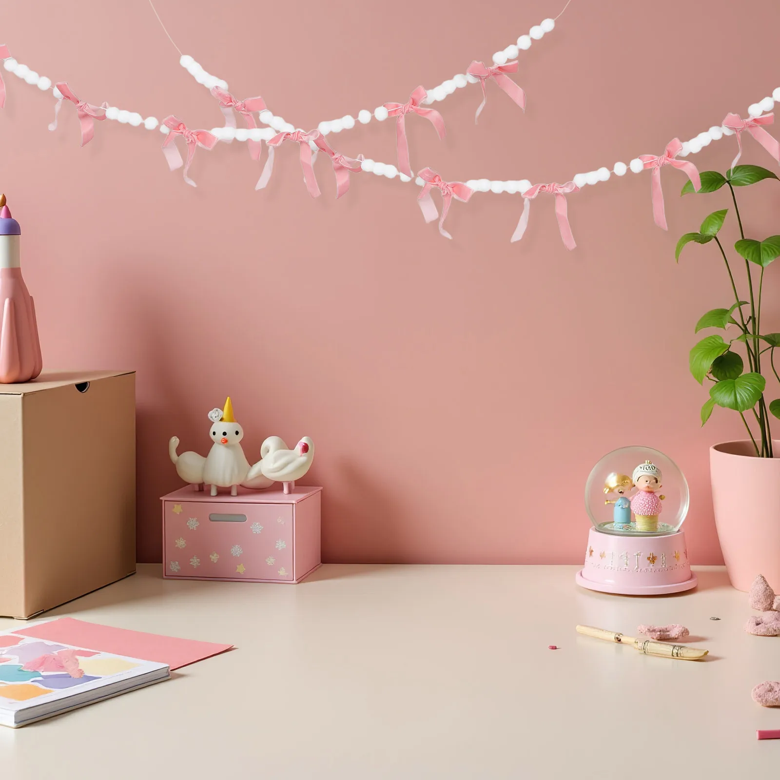 

2Pcs Decorative Bow Banner Pink 2.5m Elegant Bowknot Pompom Garland for Birthday Wedding Party Wall Decor Happy Birthday