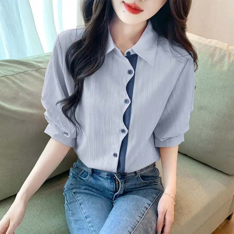

Sweet Irregular Contrast Youth Blouse Summer Short Sleeve Polo Neck Pleated Korean Shirt Tops Fashion High Street Women Clothing