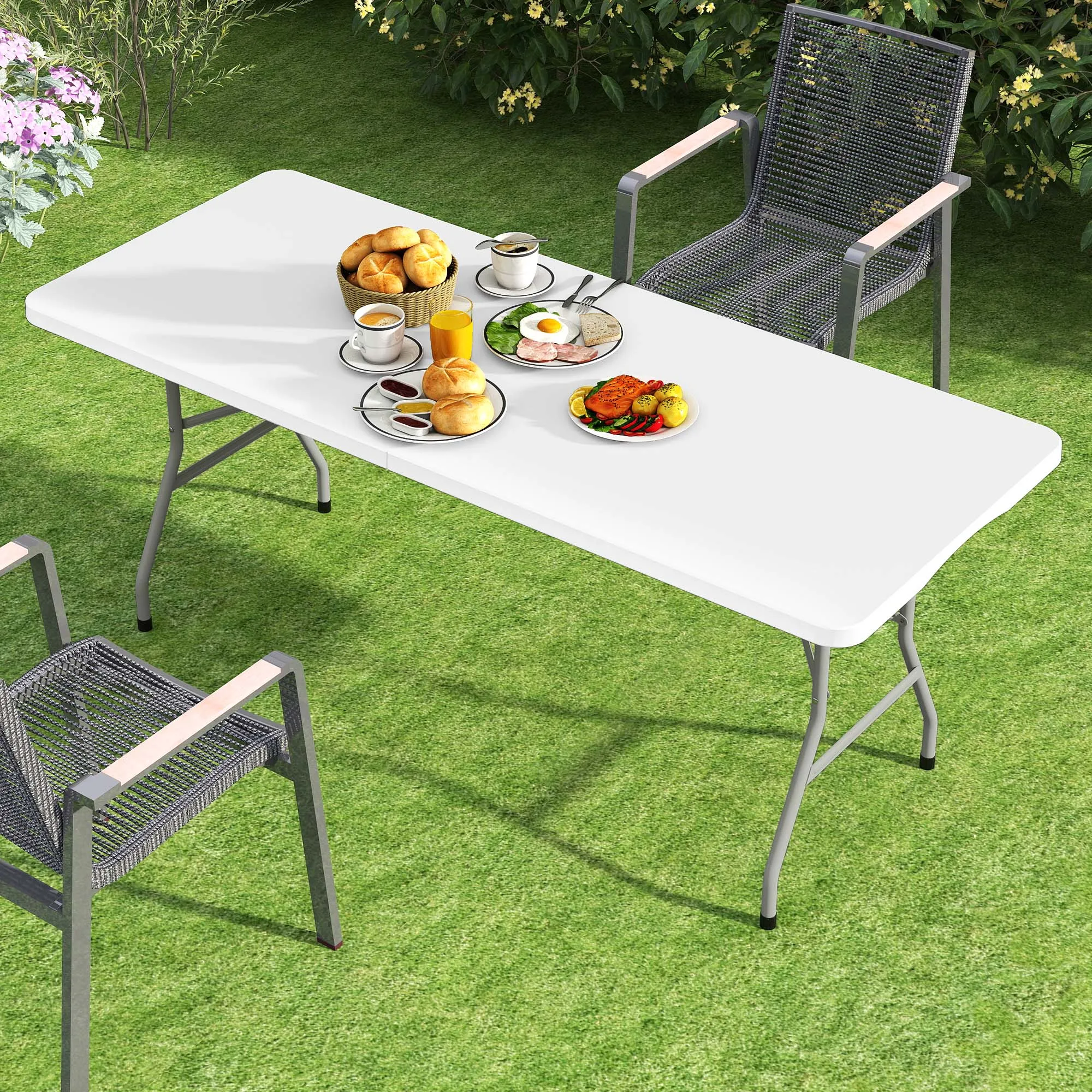 YITAHOME Table pliante blanche de 6 pieds – Imperméable et robuste 180 x 75 cm pour camping/barbecue/pique-nique, portable avec poignée de transport