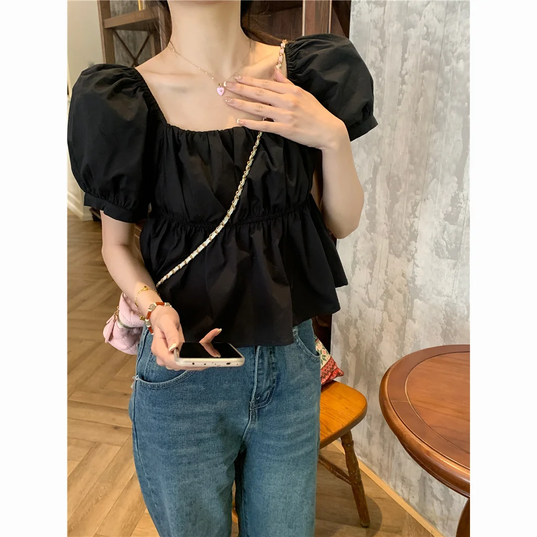 

Short Sleeve Shirts Womens Lace Patchwork Pintuck Cropped Shirt Street Kawaii Feminine Sweet Urban Trendy Fashionable Blouse
