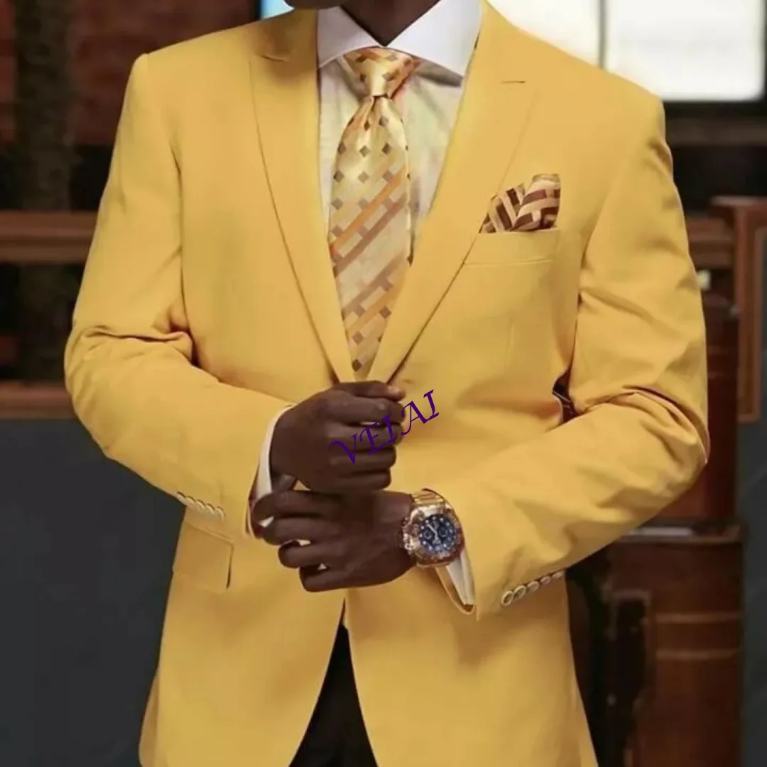 

Formal Wedding Men's Suits Yellow Slim Fit High Quality Groom Tuxedos Peak Lapel Business Jacket Male Prom Blazer Customized