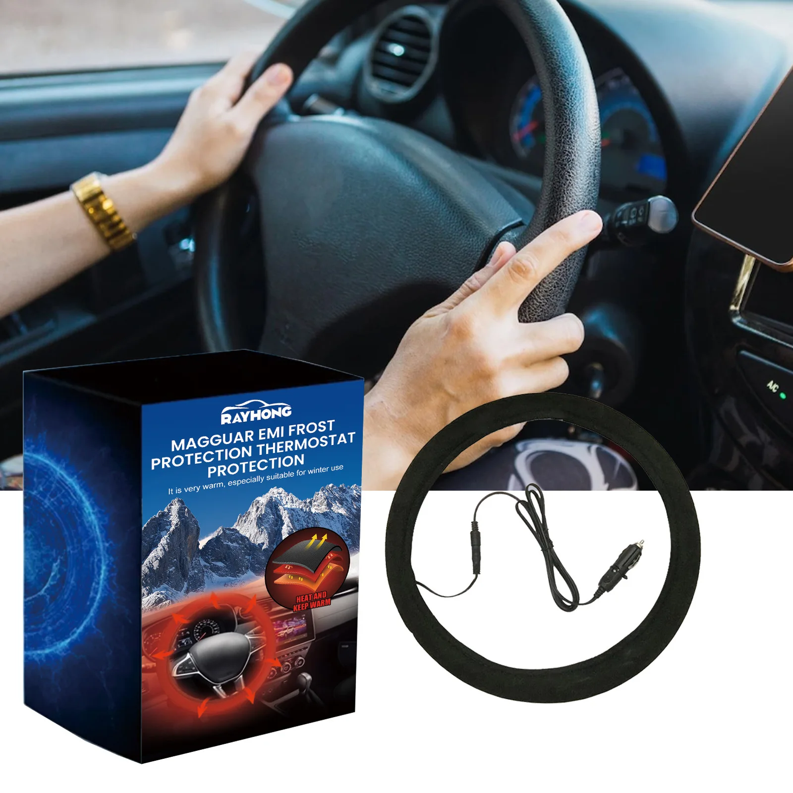 Universal Car Heated Steering Wheel Cover Anti-Slip Rapid Heating Winter Hand Warmer Auto Interior Protector 38cm 15 Inch